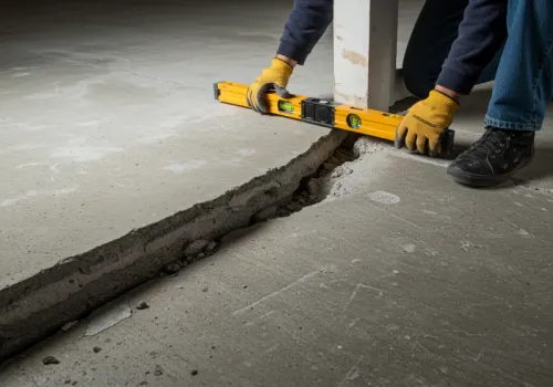 Settlement crack with vertical displacement being checked with a level